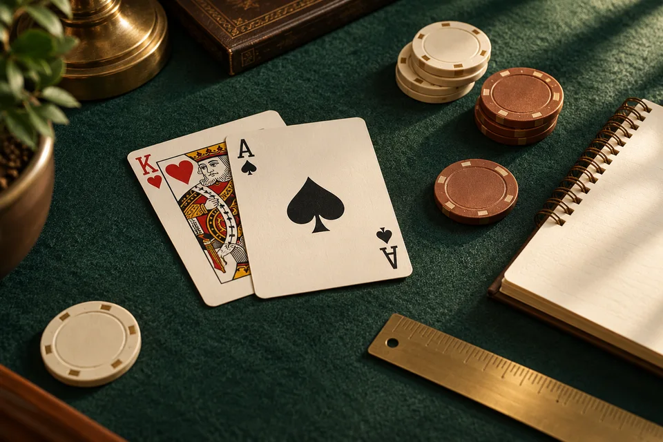 Cartas, fichas y cuaderno sobre una mesa verde